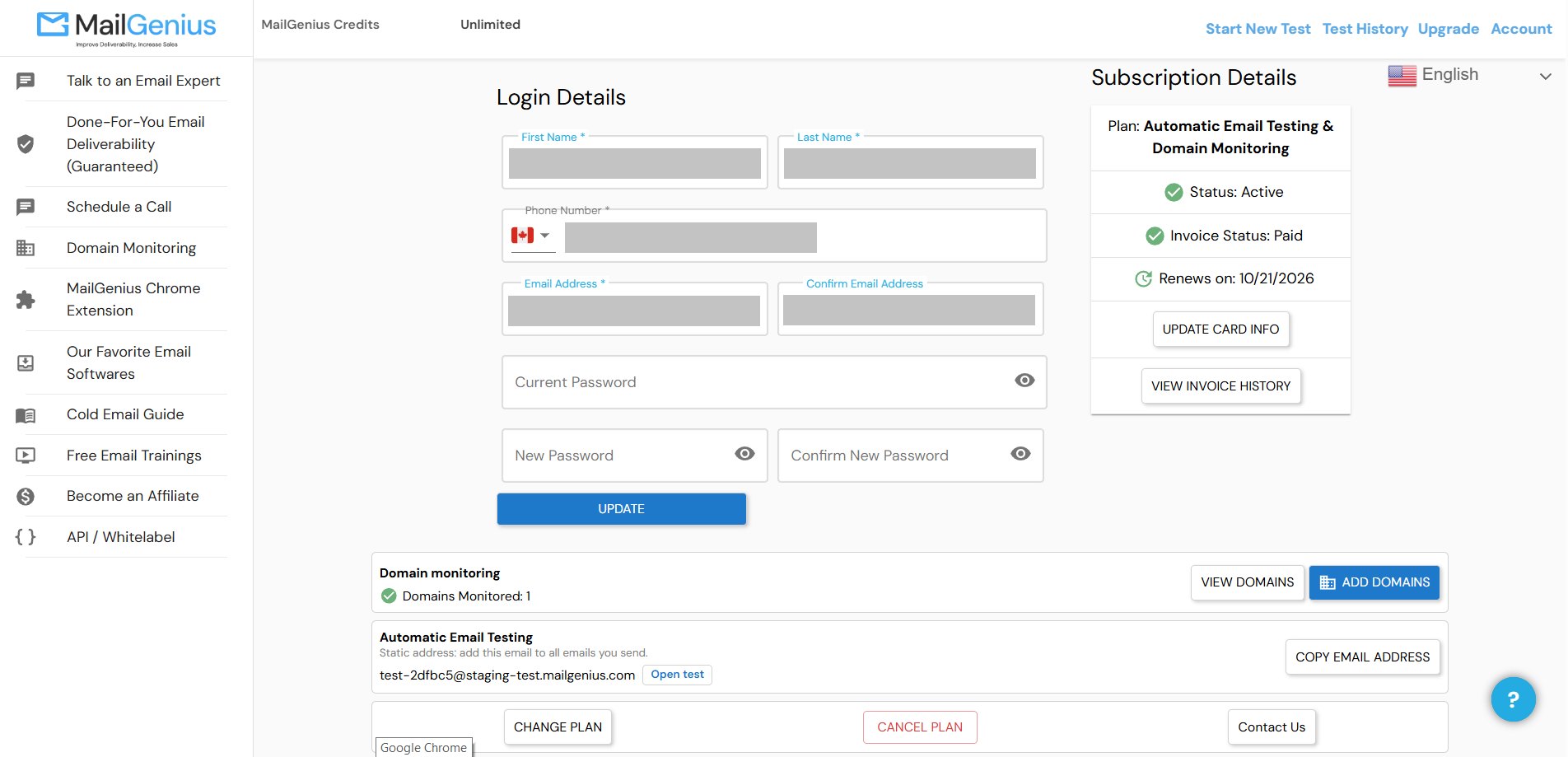 The MailGenius account screen showing an active Automatic Email Testing and Domain Monitoring plan, the domains monitored and the static audit address, personal details redacted