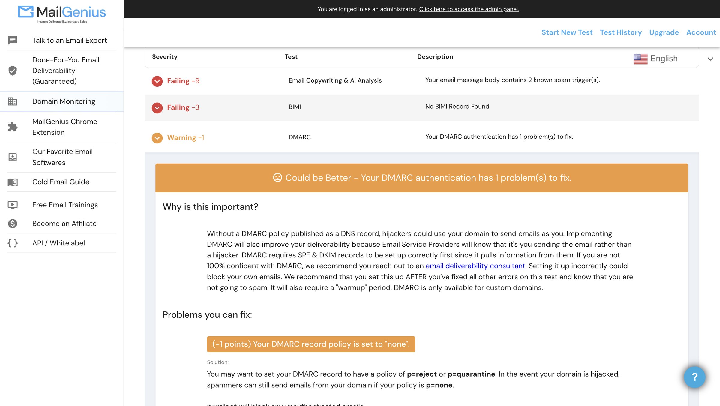 A MailGenius finding expanded, explaining why DMARC matters and how to move the record off a policy of none