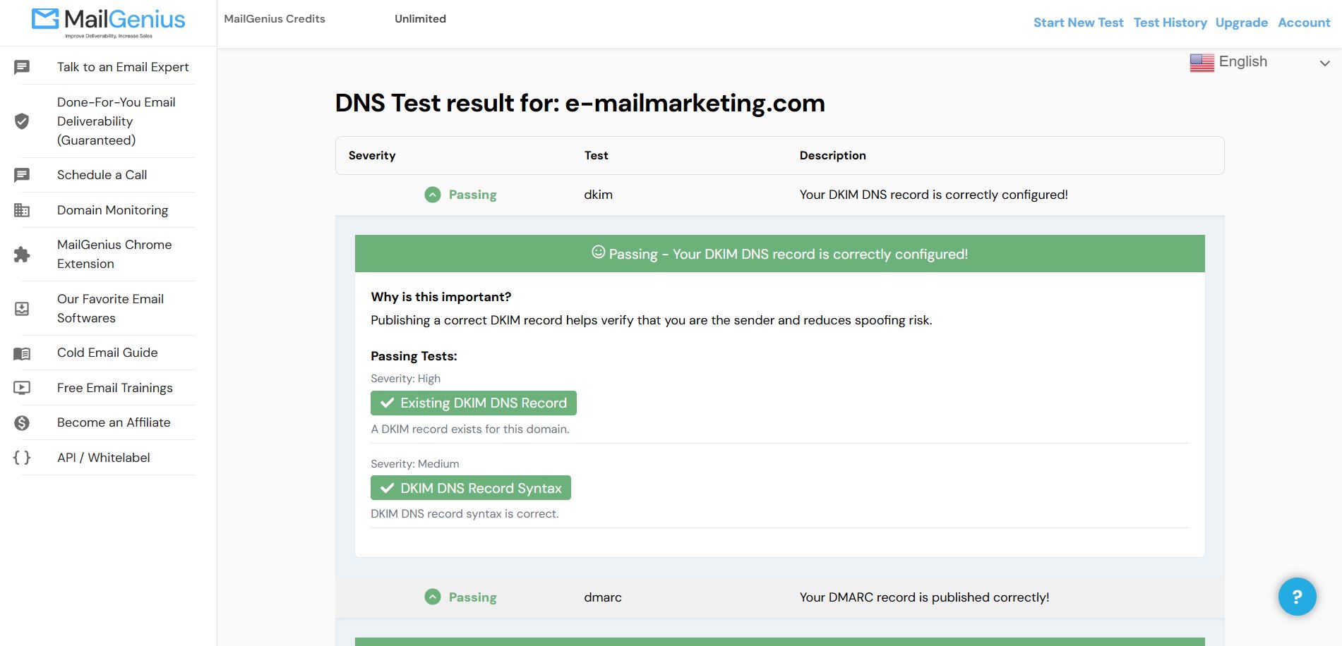 A MailGenius DNS monitoring result for a domain, listing DKIM and DMARC as passing with the reasoning under each