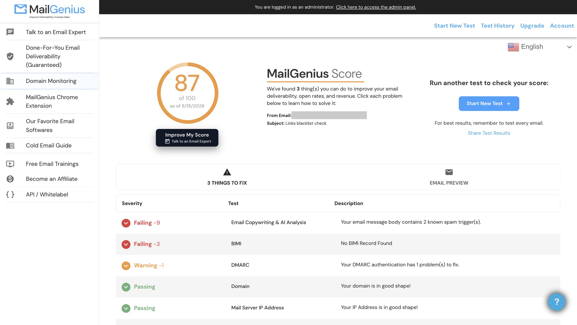 A MailGenius score report reading 87 of 100 beside a severity table of failing, warning and passing tests, the sender address redacted