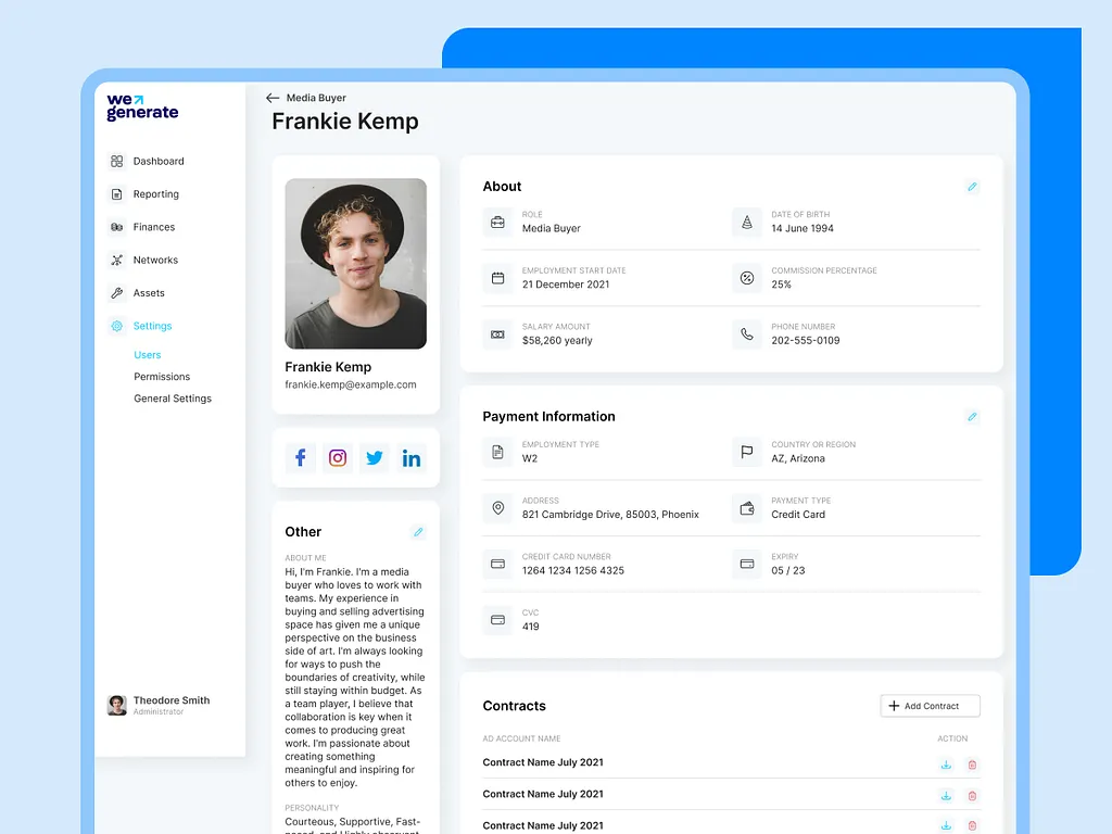 A media buyer's profile in WeGenerate: role, start date, commission percentage and compensation, alongside employment type, payment information and stored contracts