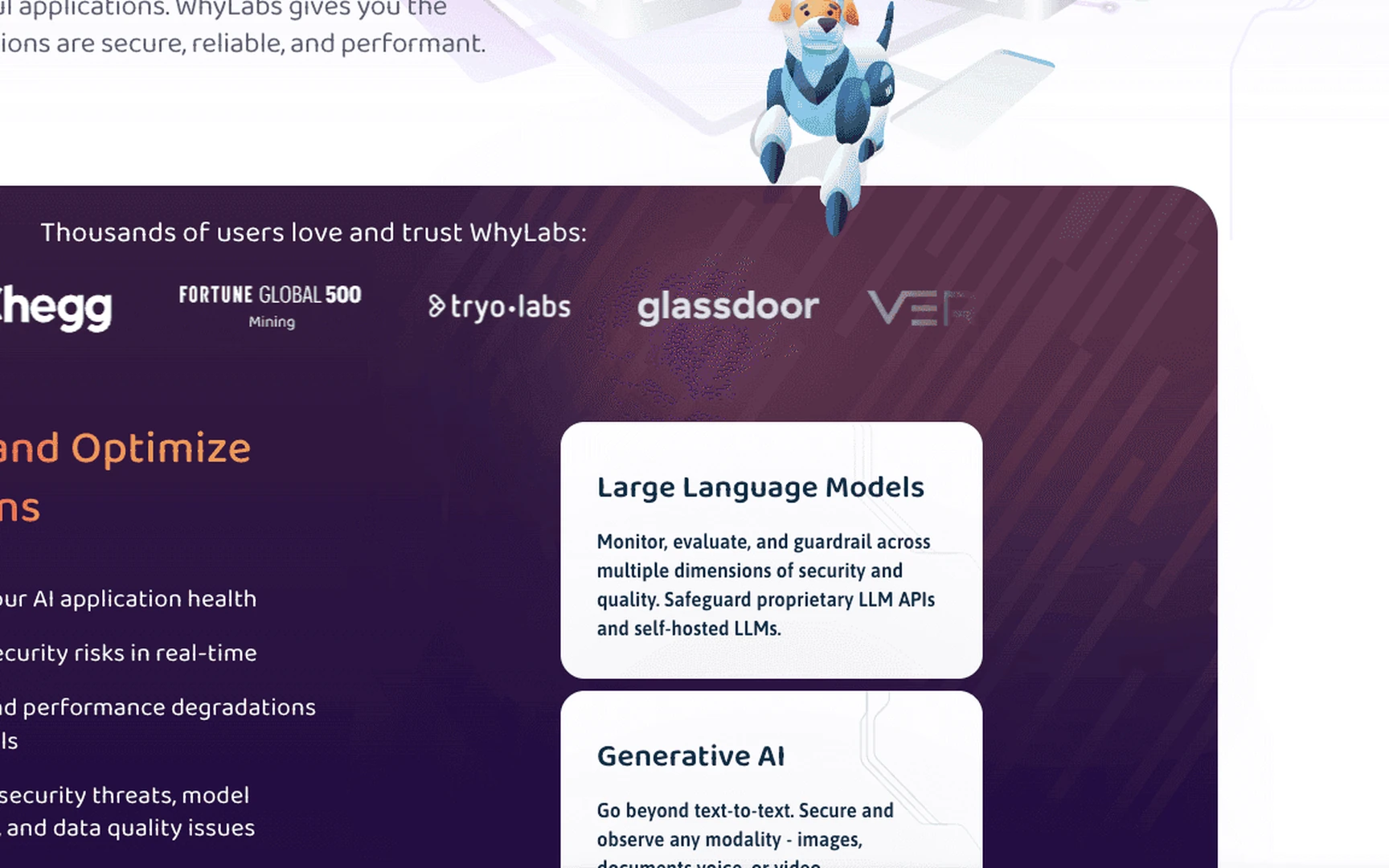 The WhyLabs platform covering large language models and generative AI alongside predictive models: monitoring, evaluation and guardrails across security and quality dimensions
